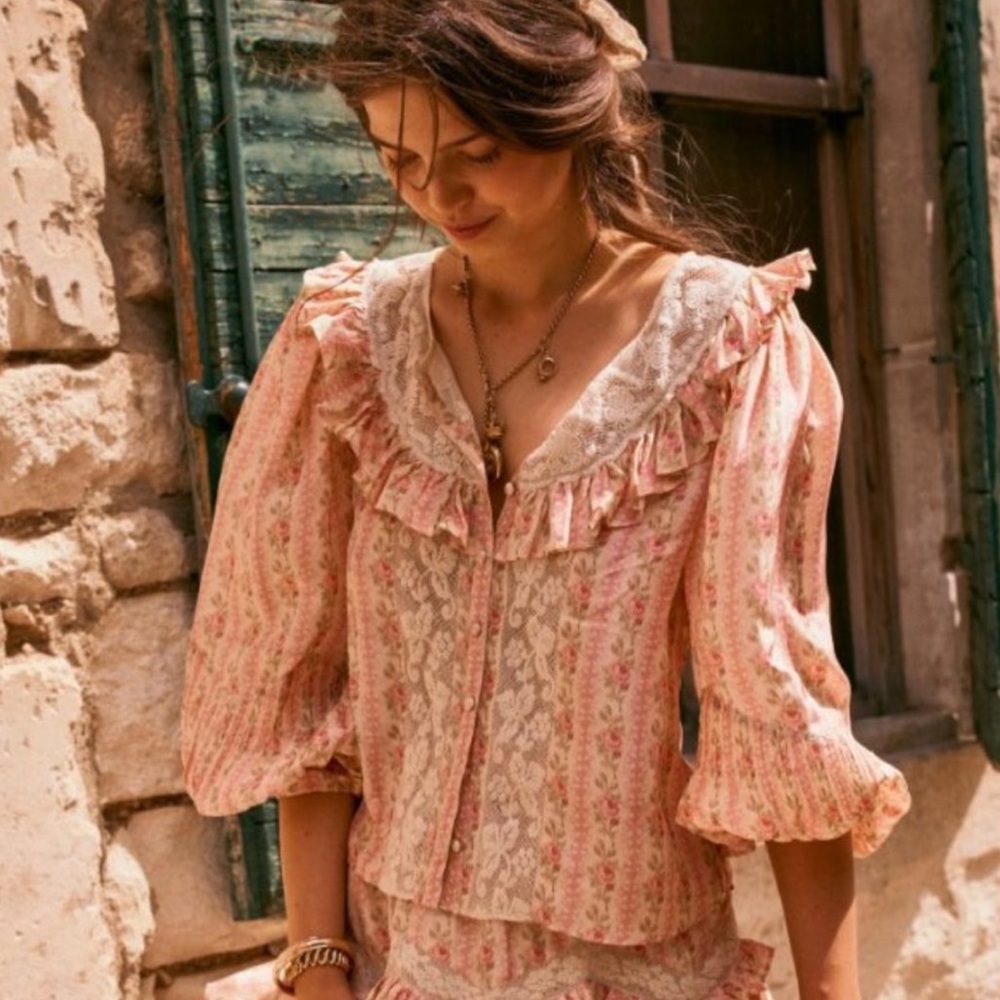 LOVESHACKFANCY SILK TOP BLOUSE Favorite Classic Heirloom Print